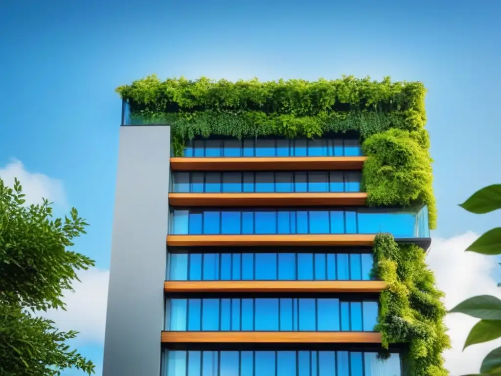 Diseño arquitectónico sostenible: modernidad y naturaleza Inversiones inmobiliarias sostenibles rentables: Edificio moderno rodeado de naturaleza con paneles solares en el techo