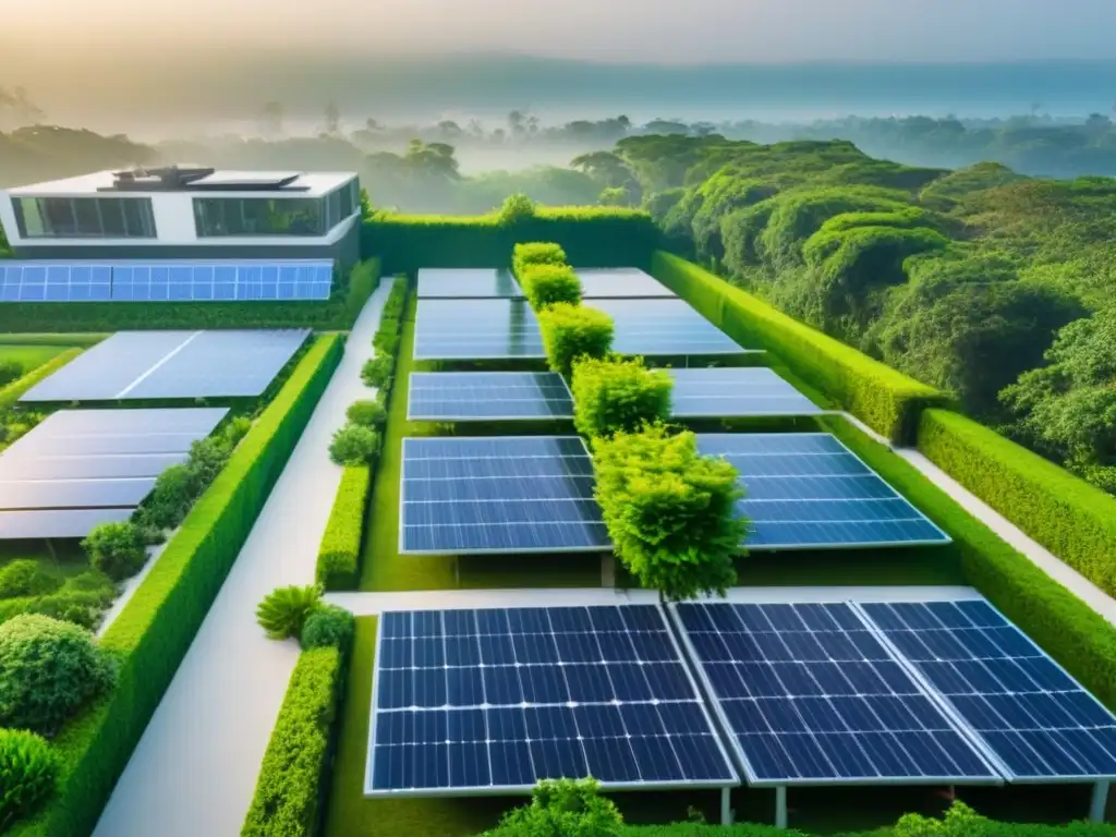 Arquitectura sostenible: oasis verde en altura Inversiones inmobiliarias sostenibles rentables: Complejo verde con paneles solares en el techo y diseño moderno