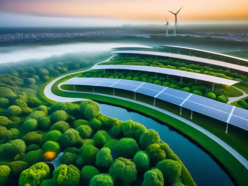 Metrópolis sostenible del futuro: ecoedificios y naturaleza Inversiones inmobiliarias sostenibles y rentables: Ciudad moderna ecofriendly con edificios verdes y tecnología limpia