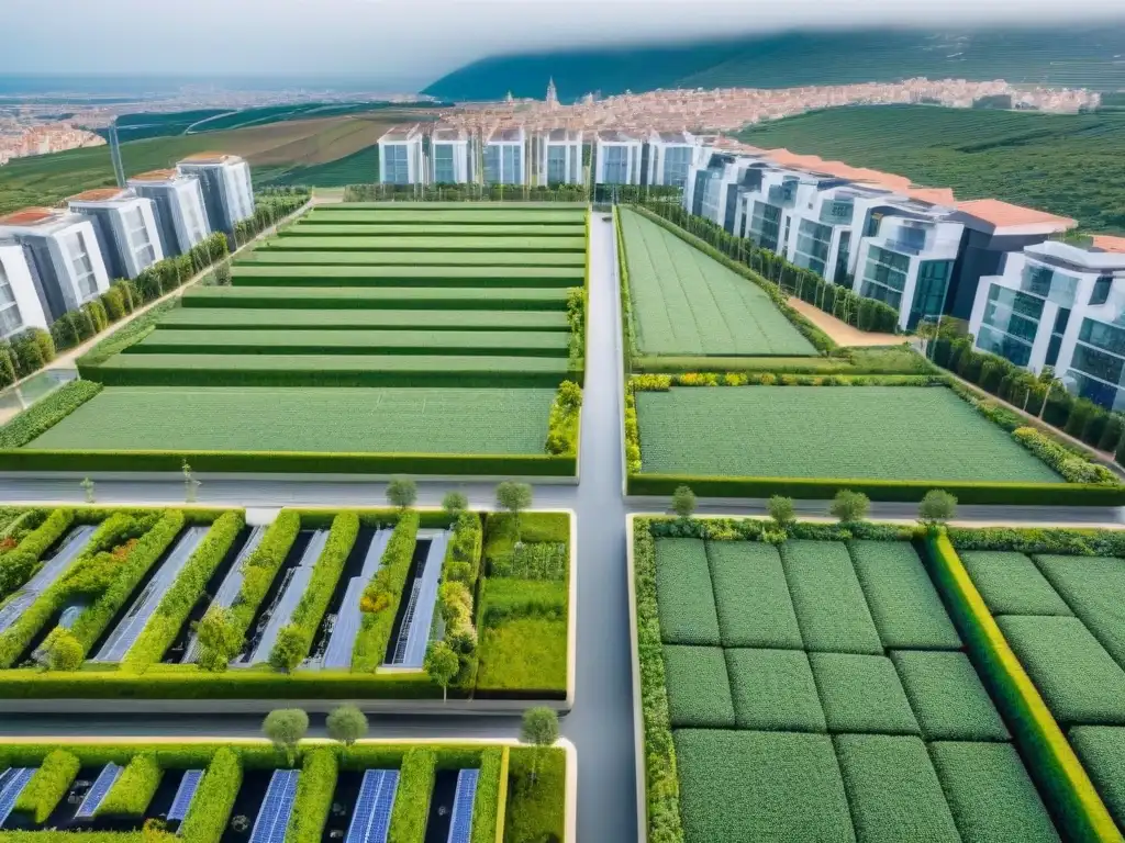 Desarrollo urbano sostenible en España: arquitectura ecológica moderna Inversiones inmobiliarias sostenibles en España: Vista aérea de desarrollo urbano con techos verdes, paneles solares y diseño moderno