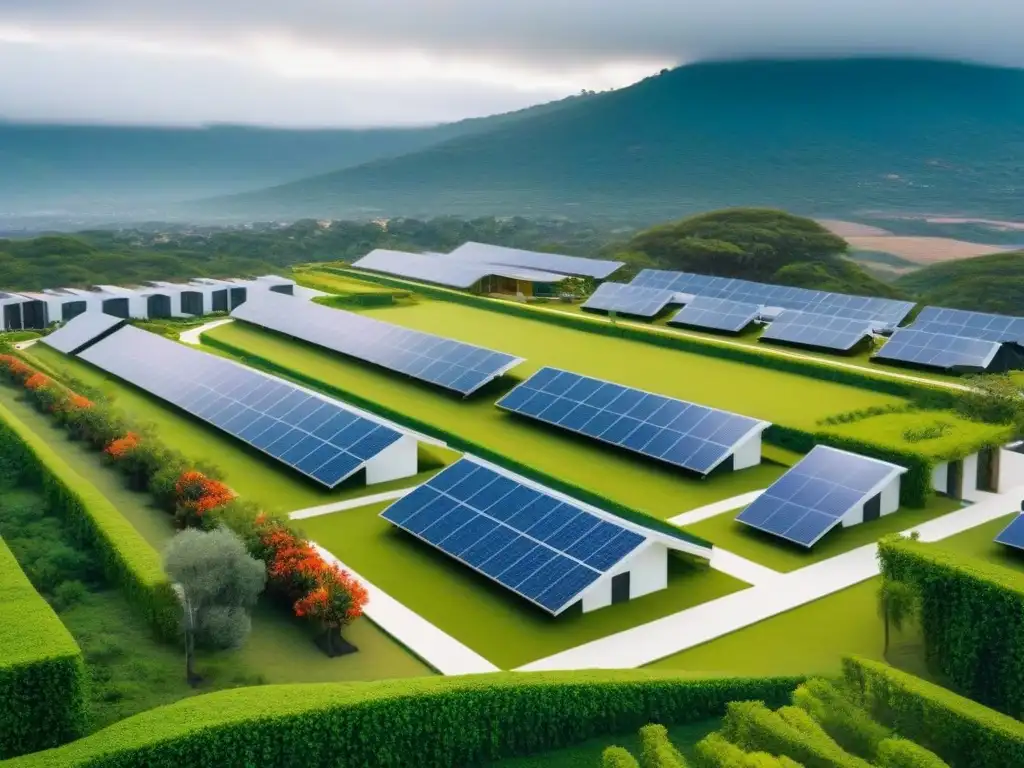 Desarrollo sostenible en México: hogares ecofriendly rodeados de naturaleza Inversiones inmobiliarias sustentables en México: Vista aérea de un desarrollo residencial ecológico con paneles solares y jardines verdes