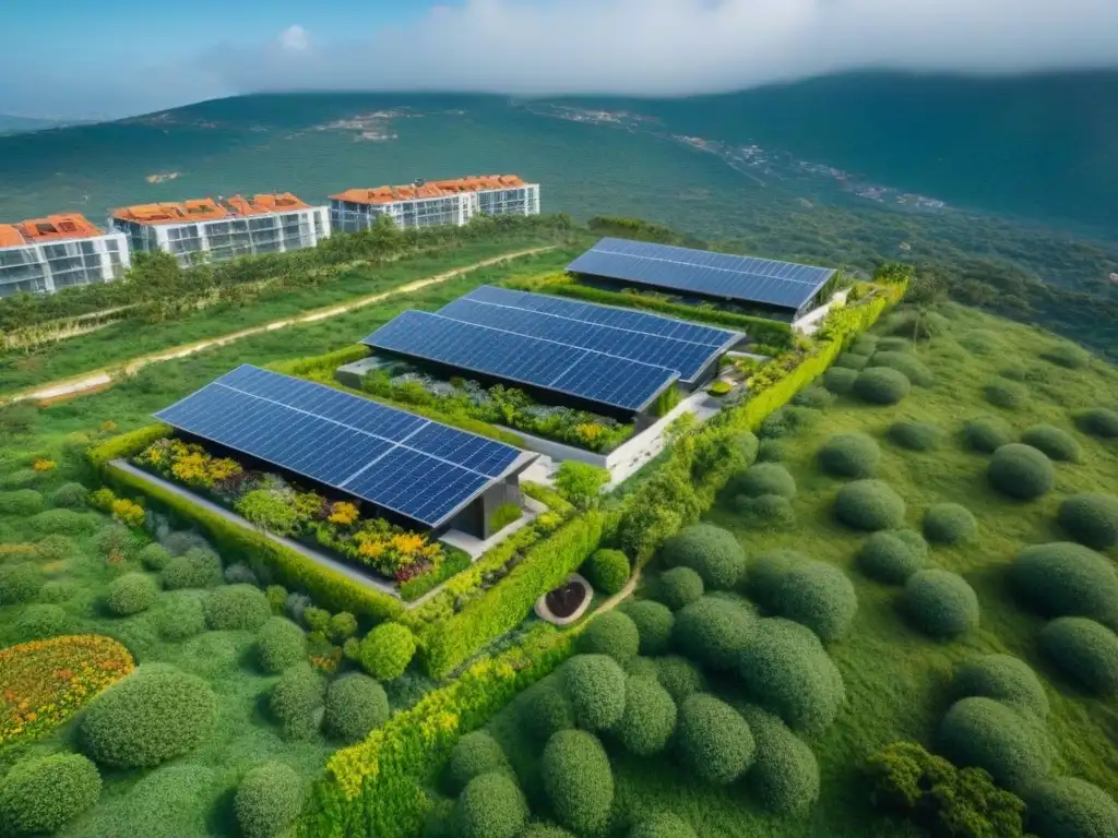 Diseño ecoamigable: Desarrollo inmobiliario sustentable en México Inversiones inmobiliarias sustentables en México: Desarrollo moderno con techos verdes y paneles solares bajo el sol, rodeado de vegetación exuberante