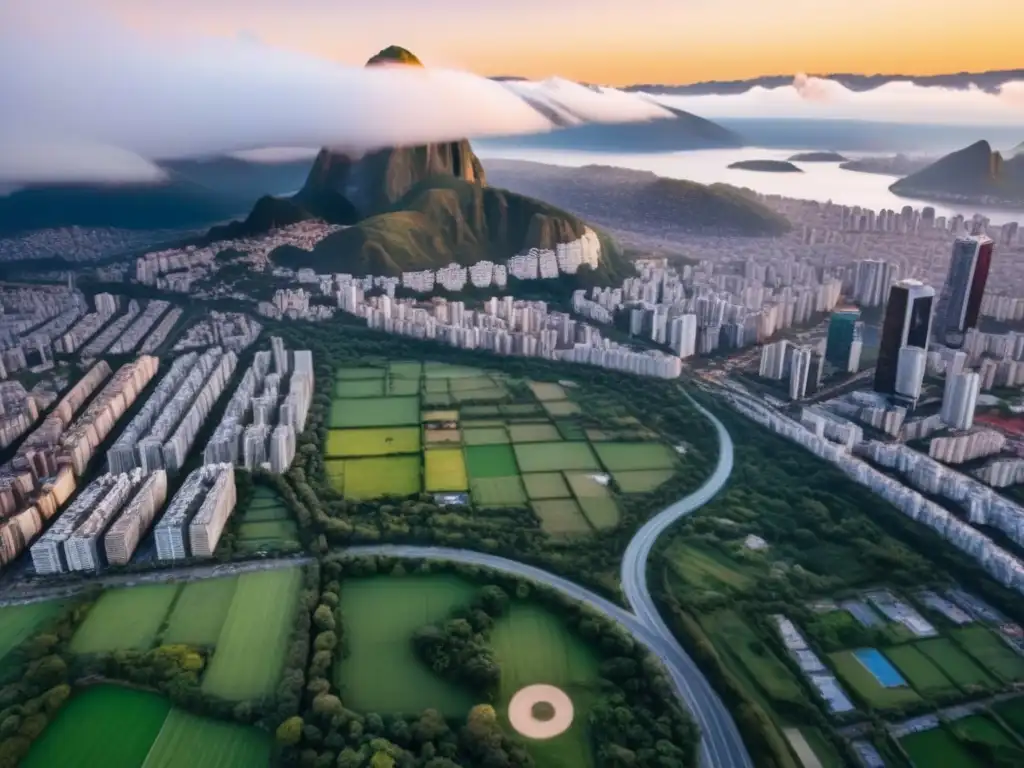 Horizonte urbano sudamericano: atardecer vibrante Inversiones inmobiliarias en Sudamérica: Vista aérea de una ciudad vibrante al atardecer con rascacielos, calles llenas de gente y parques verdes