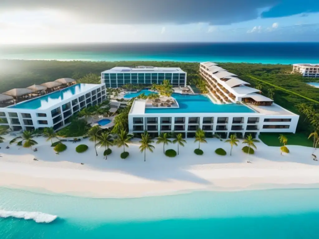Resort de lujo en playa de México: exclusividad y relajación Inversiones inmobiliarias zonas turísticas México: Resort de lujo frente al mar con aguas turquesa, arenas blancas y palmeras