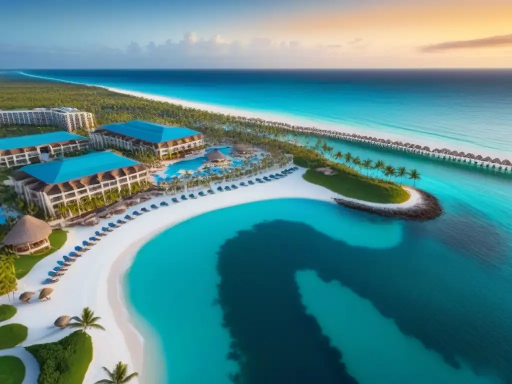 Resort de lujo en México: oasis de ensueño frente al mar Inversiones inmobiliarias zonas turísticas México: Reserva de lujo con playa, aguas turquesas, palmeras y atardecer dorado