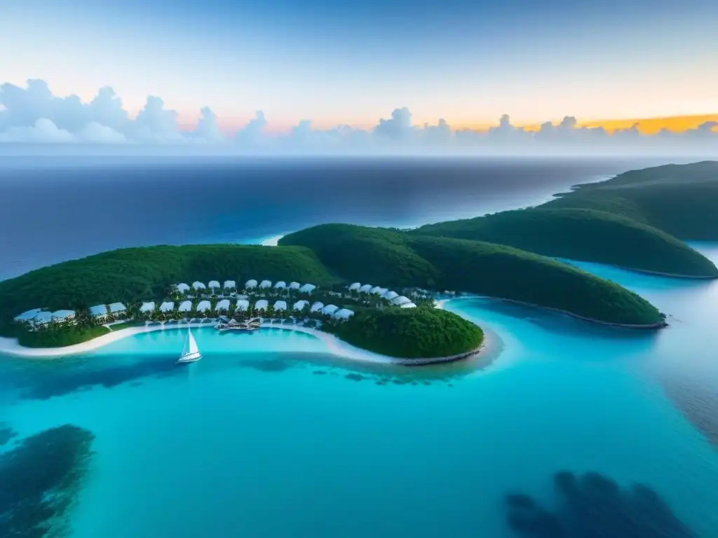 Resort de lujo en el Caribe: oasis paradisíaco Inversiones de lujo en el Caribe: vista aérea de un resort lujoso con aguas turquesas, playas blancas, piscinas y villas elegantes al atardecer