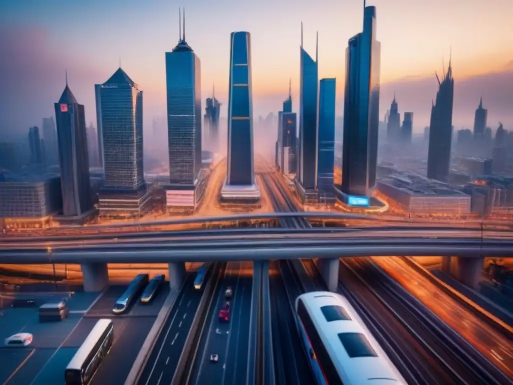 Metrópolis futurista en mercado emergente: imagen en 8k Inversiones REITs en mercados emergentes: Ciudad futurista con rascacielos, personas y transporte público avanzado al atardecer