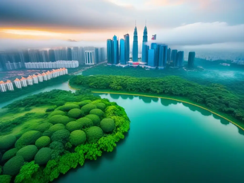 Metrópolis emergente: Un paisaje urbano vibrante y en crecimiento Inversiones REITs en mercados emergentes: Vista aérea de una ciudad vibrante con rascacielos y arquitectura tradicional, rodeada de vegetación y agua