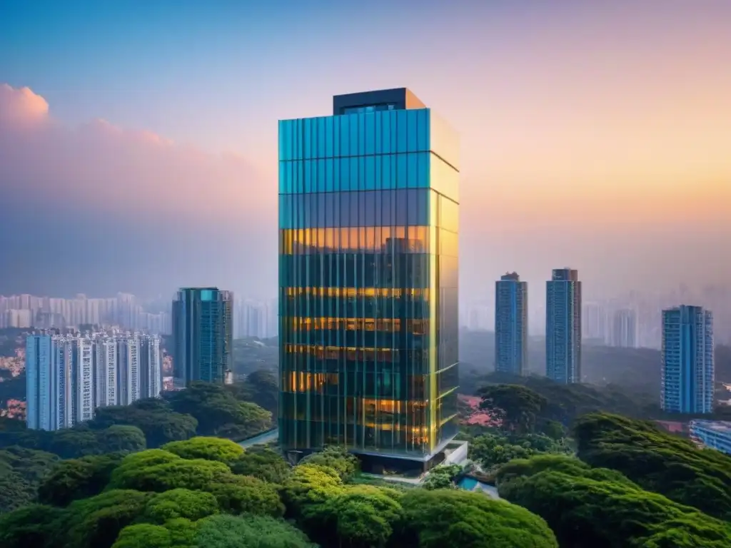 Edificio de lujo en ciudad moderna al atardecer Inversiones propiedades lujo mercados emergentes: Edificio de lujo moderno con fachadas de vidrio reflejando la ciudad al atardecer
