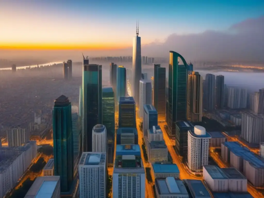 Horizonte lujoso y vibrante en mercado emergente Inversiones propiedades lujo mercados emergentes: Vista aérea de una ciudad lujosa y vibrante al atardecer