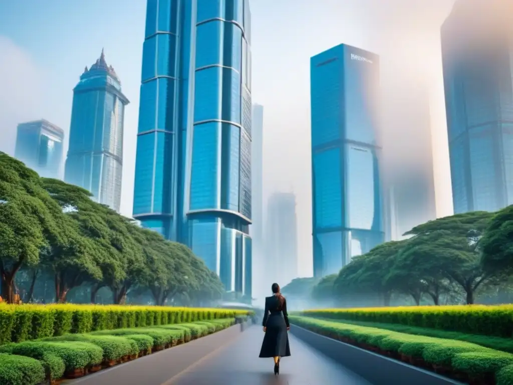 Rascacielos de lujo en ciudad emergente: opulencia y energía urbana Inversiones en propiedades de lujo en mercados emergentes: un rascacielos moderno rodeado de verde y bulliciosa vida urbana