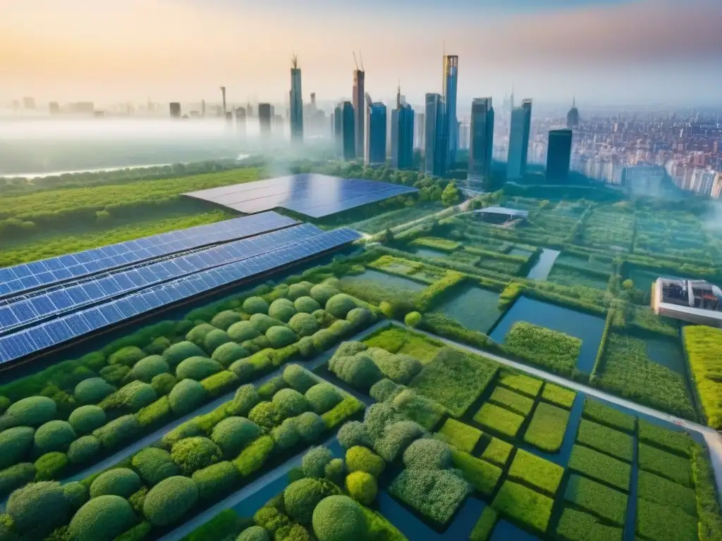 Inversiones sostenibles en infraestructura verde: una ciudad moderna con techos verdes, paneles solares y parques urbanos
