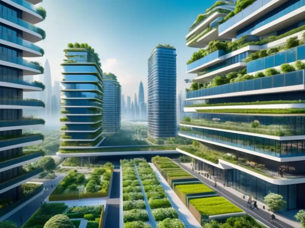 Inversiones sostenibles en infraestructura verde: Ciudad futurista con naturaleza integrada y edificios ecológicos bajo cielo azul