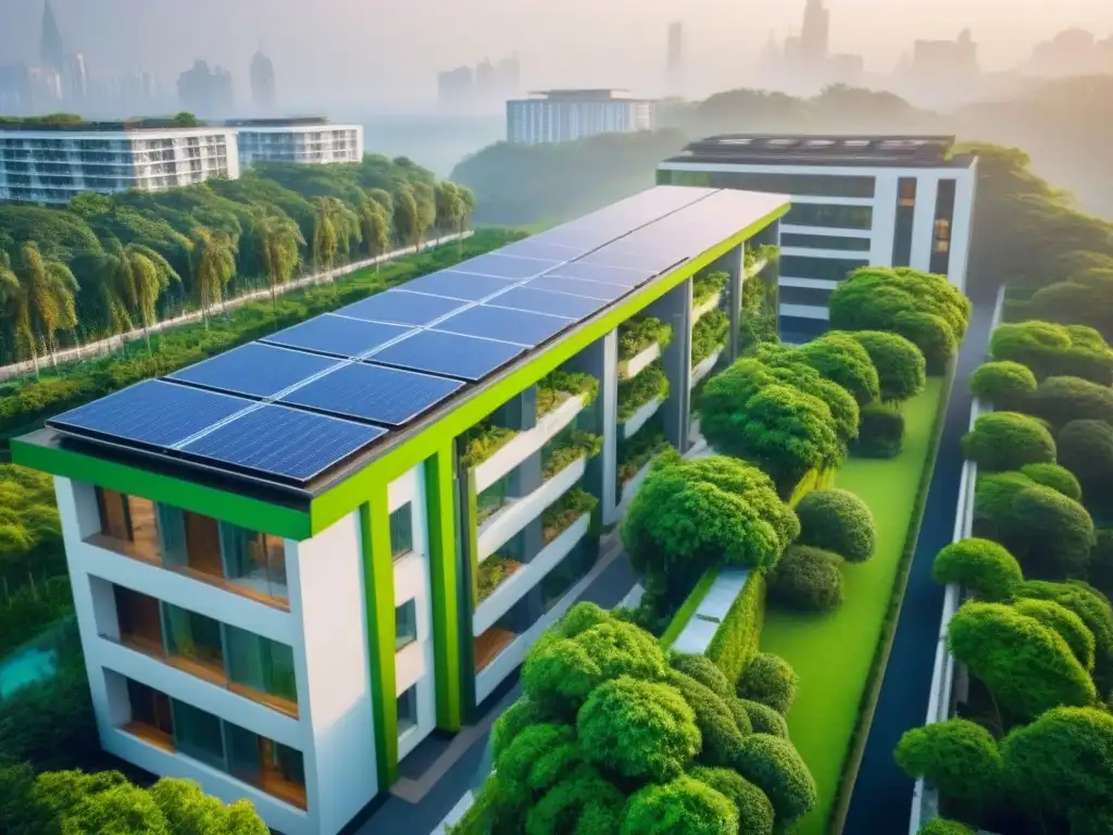 Complejo arquitectónico sostenible: integración urbana y ecológica Inversiones sostenibles en el mercado inmobiliario: complejo moderno rodeado de vegetación, paneles solares brillando bajo el sol