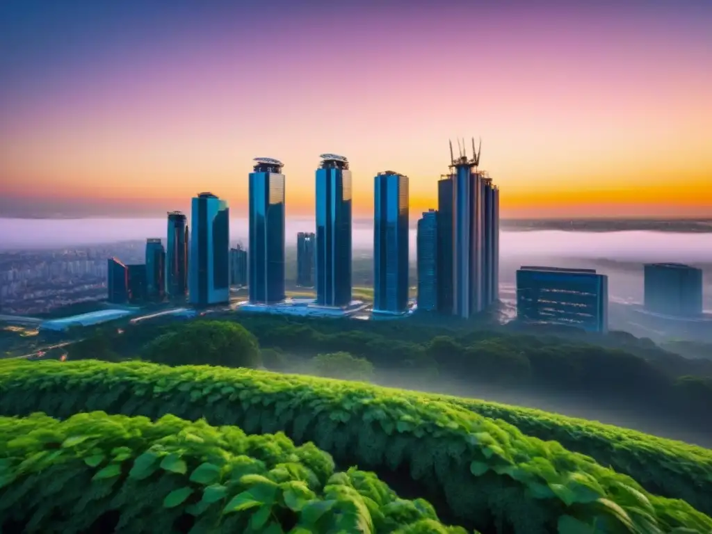 Horizonte urbano sostenible: arquitectura moderna y naturaleza en armonía al atardecer Inversiones sostenibles en el mercado inmobiliario: ciudad futurista con rascacielos ecológicos y energía LED al anochecer