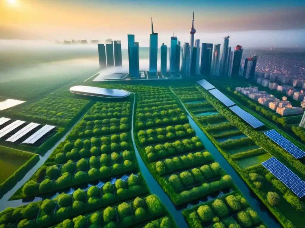 Metrópolis sostenible: armonía entre naturaleza y diseño urbano Inversiones sostenibles en el mercado inmobiliario: ciudad moderna y verde con techos ecológicos y rascacielos futuristas