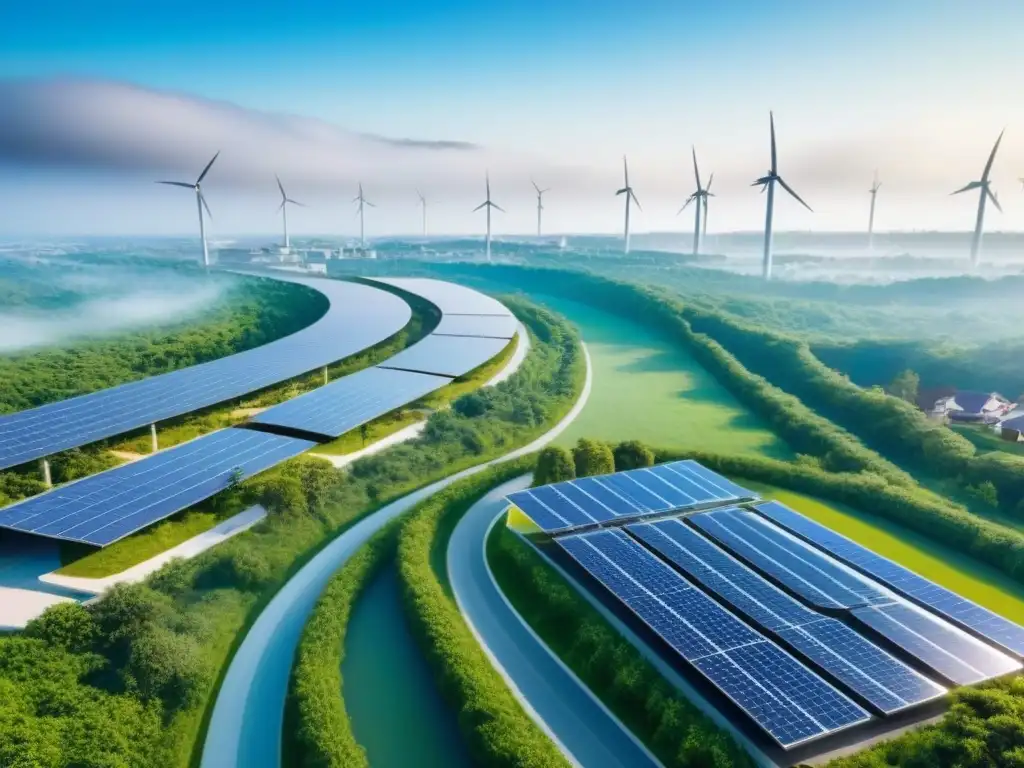 Complejo sostenible: arquitectura verde y naturaleza en armonía Inversiones sostenibles en el mercado inmobiliario: complejo arquitectónico verde con paneles solares y molinos eólicos