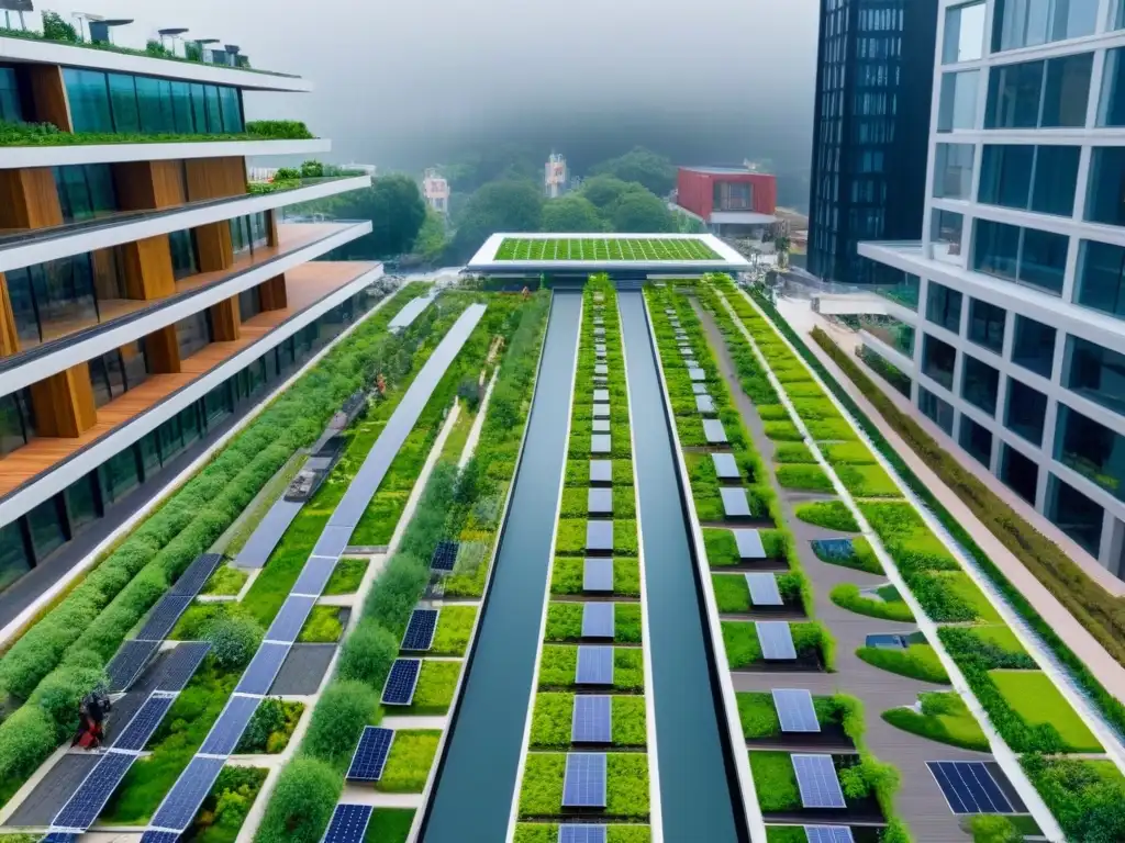 Desarrollo urbano sostenible: armonía entre modernidad y naturaleza Inversiones sostenibles mercado inmobiliario: Vista aérea impresionante de desarrollo urbano sostenible con techos verdes y paneles solares