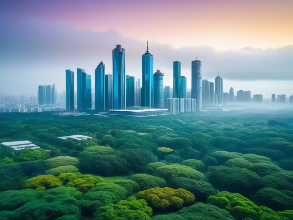 Contraste urbano: finanzas sostenibles en la ciudad del futuro Inversiones sostenibles en el mercado inmobiliario: contraste de rascacielos futuristas y un parque urbano verde
