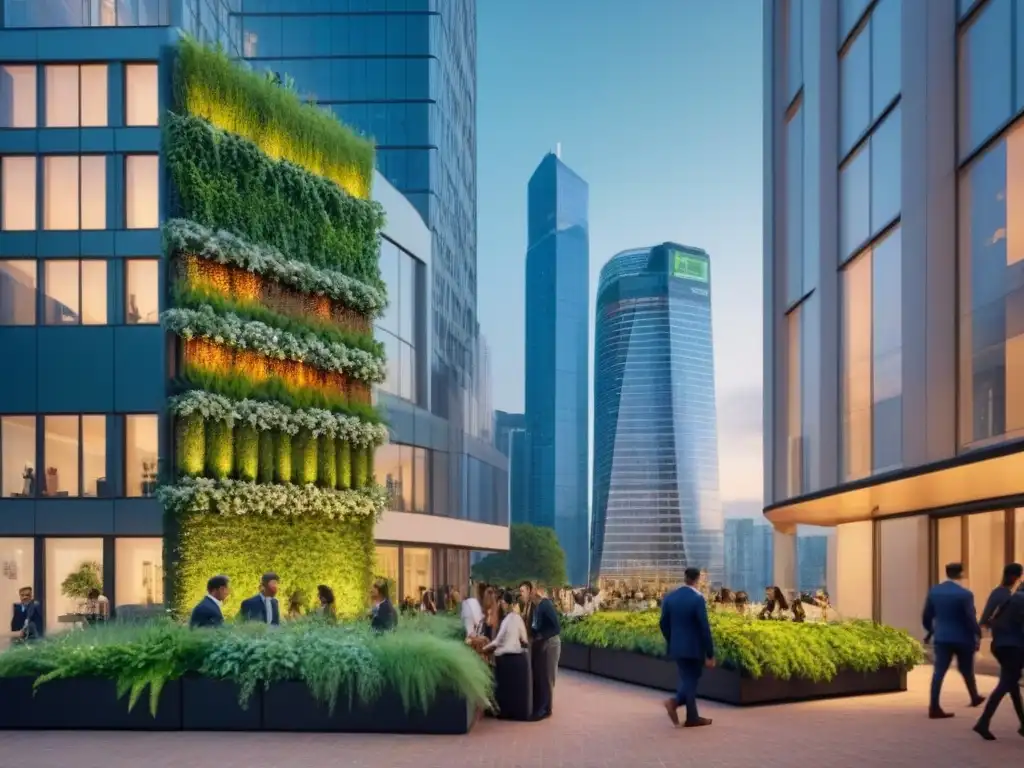 Contraste urbano: rascacielos sostenible junto a edificio tradicional Inversiones sostenibles en el mercado inmobiliario: Contraste entre modernidad y tradición en una ciudad vibrante al anochecer