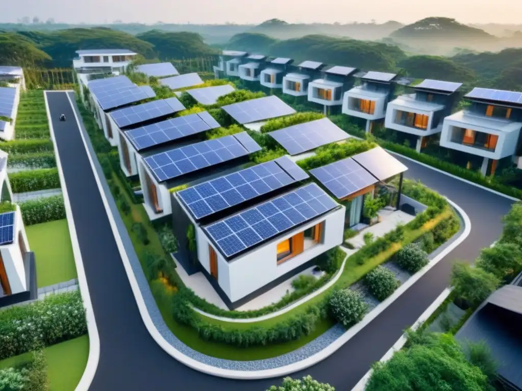 Desarrollo sostenible: arquitectura moderna y verde Inversiones sostenibles mercado inmobiliario: Desarrollo residencial ecoamigable rodeado de vegetación, paneles solares brillando en los tejados
