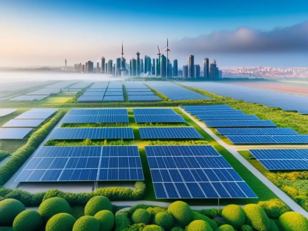 Horizonte futurista: edificios sostenibles y eficientes energéticamente Inversiones sostenibles mercado inmobiliario: Ciudad futurista con edificios ecoamigables y energéticamente eficientes