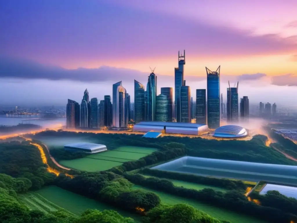Metrópolis sostenible: arquitectura moderna en armonía con la naturaleza Inversiones sostenibles en mercado inmobiliario: Ciudad futurista con arquitectura ecofriendly y naturaleza integrada al anochecer
