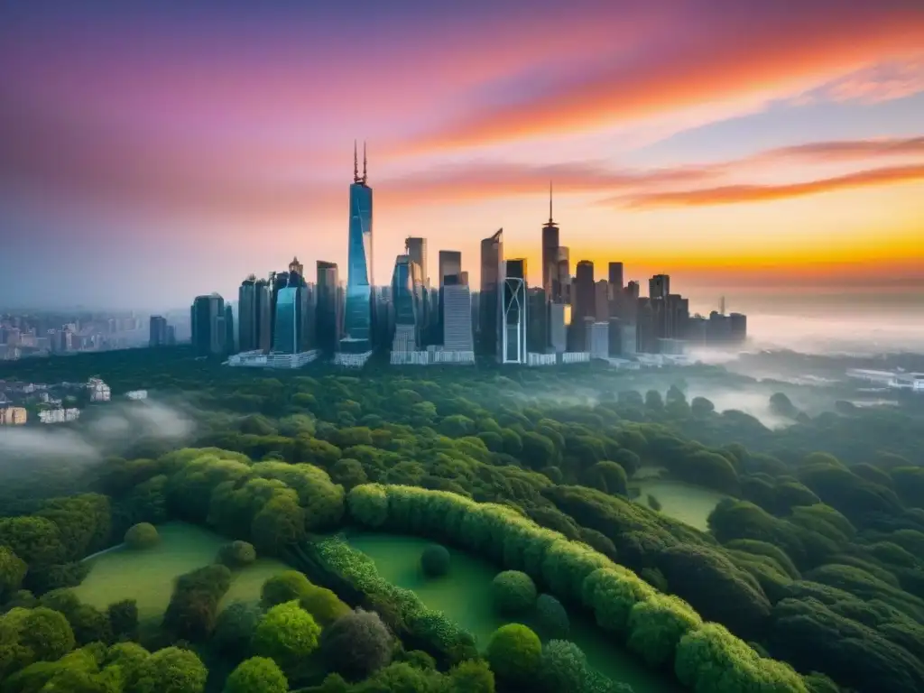 Horizonte urbano al atardecer: armonía entre rascacielos y naturaleza Inversiones sostenibles en el mercado inmobiliario: ciudad moderna con rascacielos y parques verdes al atardecer