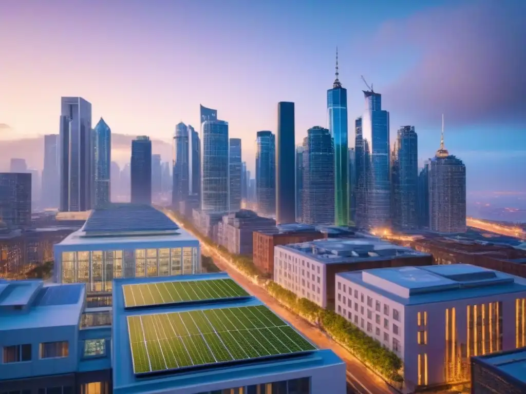 Skyline sostenible: inversión en real estate Inversiones sostenibles en el mercado inmobiliario: Ciudad moderna con diseño ecoamigable y profesionales debatiendo al atardecer