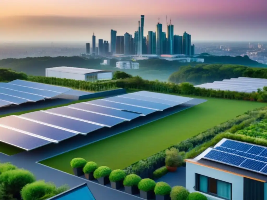 Horizonte sostenible: arquitectura ecofriendly al atardecer Inversiones sostenibles en el mercado inmobiliario: Ciudad moderna y sostenible con edificios ecofriendly y paneles solares al atardecer