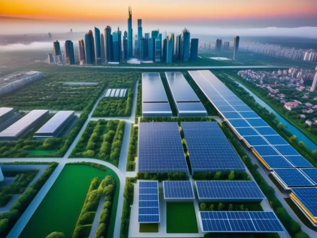 Metrópolis sostenible: arquitectura verde para un futuro próspero Inversiones sostenibles en el mercado inmobiliario: Vista aérea de una ciudad verde y moderna con edificios ecoamigables y energías renovables