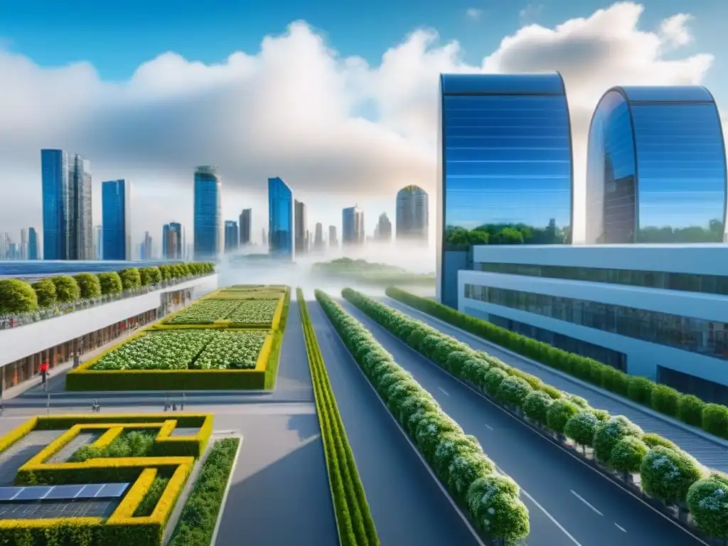 Horizonte urbano sostenible: rascacielos verdes y movilidad eco Inversiones sostenibles en el mercado inmobiliario: Ciudad eco-friendly con rascacielos verdes y medios de transporte ecológicos
