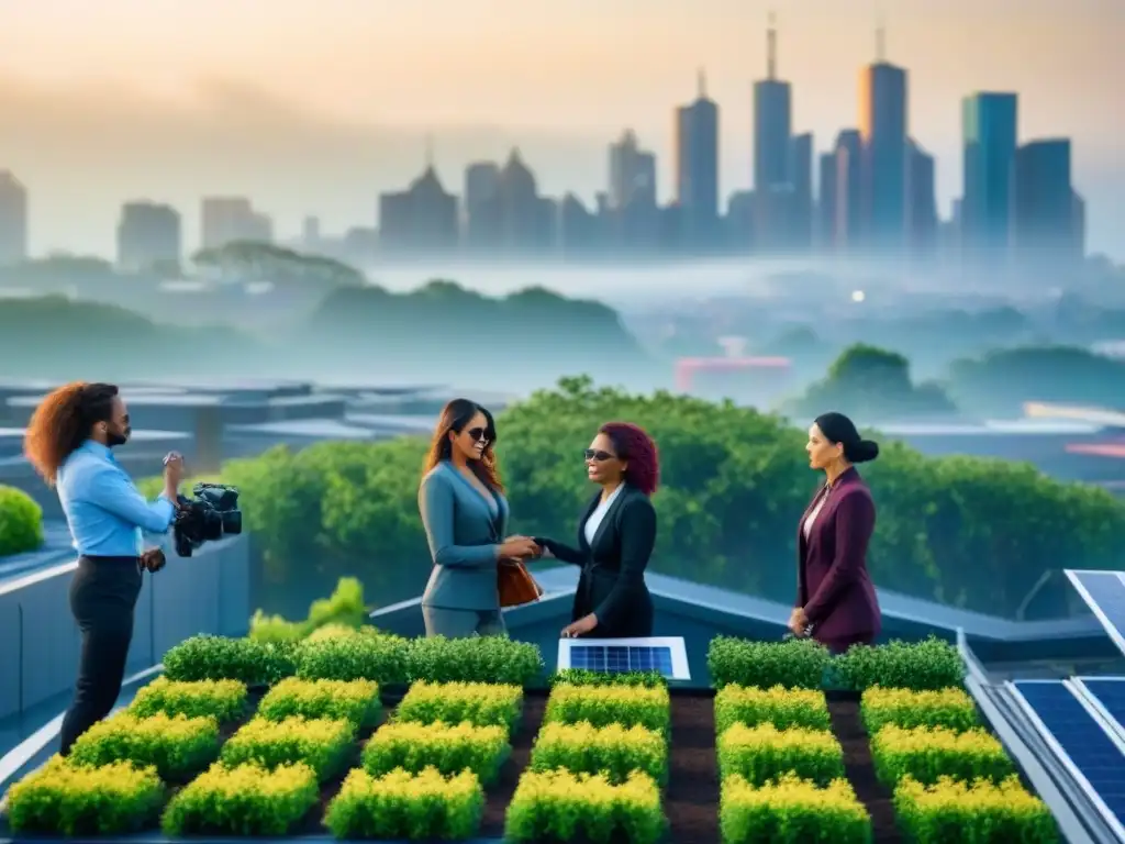 Skyline sostenible: innovación y diversidad en la ciudad verde Inversiones sostenibles en el mercado inmobiliario: Una ciudad moderna y sostenible con edificios verdes y personas diversas colaborando en negocios