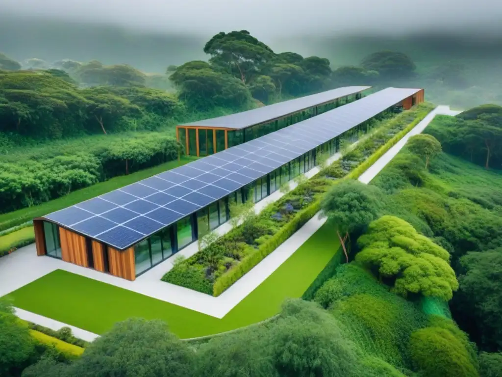 Complejo ecológico moderno en armonía con la naturaleza Inversiones sostenibles mercado inmobiliario: Complejo ecológico con arquitectura moderna, paneles solares, paredes verdes y áreas verdes