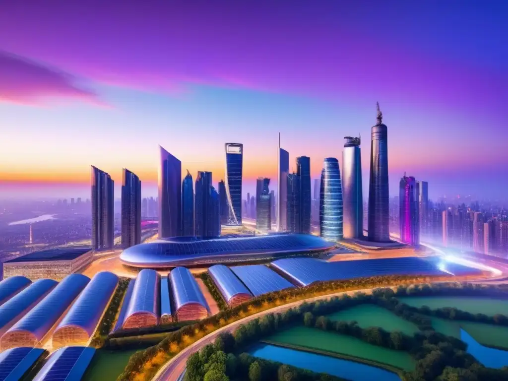 Futurismo sostenible: ciudad skyline al atardecer Inversiones sostenibles y rendimiento financiero: Ciudad futurista con rascacielos sustentables iluminados al anochecer