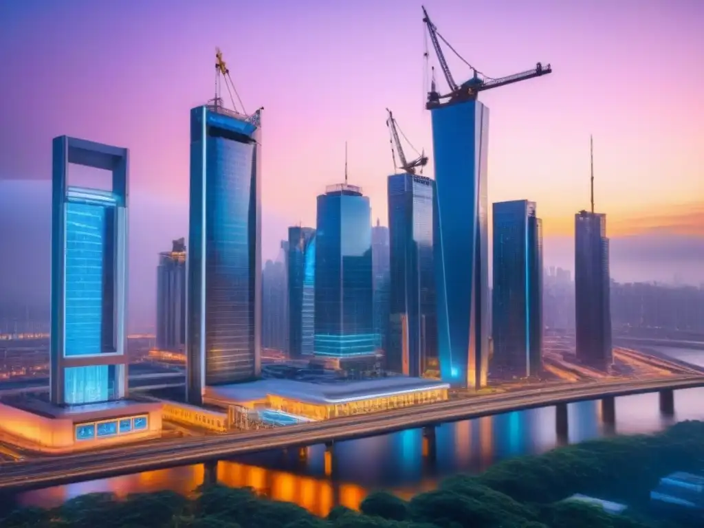 Horizonte urbano futurista al atardecer: colaboración y desarrollo Inversiones en zonas con infraestructura: Atardecer en la ciudad futurista, donde profesionales colaboran entre rascacielos y grúas