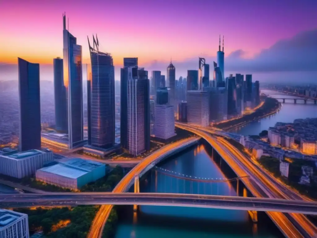 Horizonte urbano iluminado al anochecer Inversiones en zonas con infraestructura: Ciudad moderna iluminada al atardecer, puentes y autopistas entre rascacielos