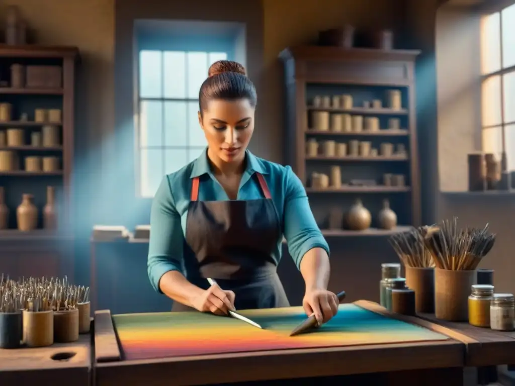 Restauración de arte histórico: maestros artesanos en acción Inversionista en restauración histórica: Maestros restaurando con detalle una obra de arte histórica en un estudio soleado y profesional