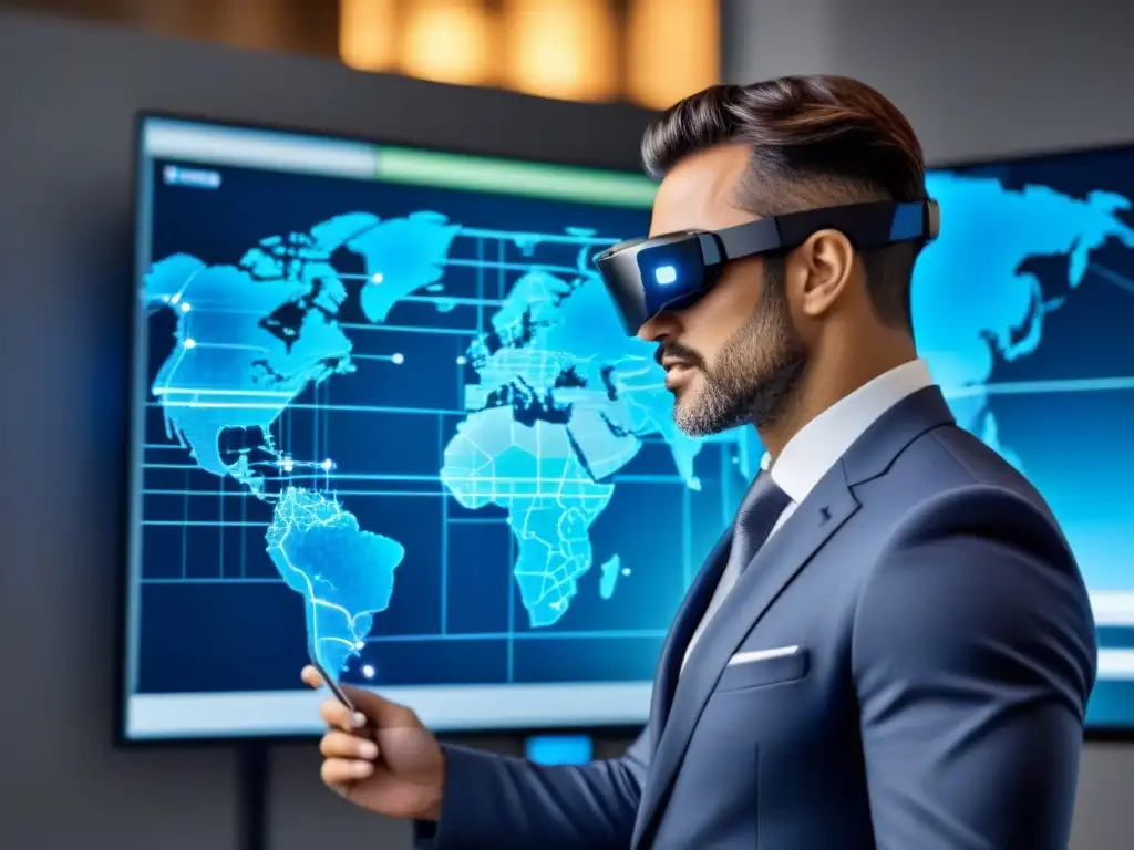 Inversionista inmobiliario analizando datos holográficos avanzados Inversionista inmobiliario analizando datos en interfaz holográfica futurista