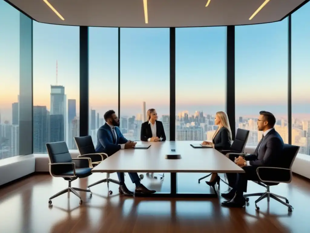 Reunión de profesionales diversificados en oficina ultramoderna Inversionistas discuten documentos financieros en oficina elegante