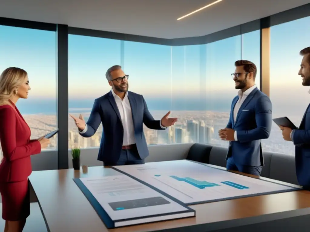 Inversores inmobiliarios debatiendo estrategias en mercado español Inversionistas debaten estrategias en oficina moderna con vista al mercado inmobiliario español, creando dinámica colaborativa