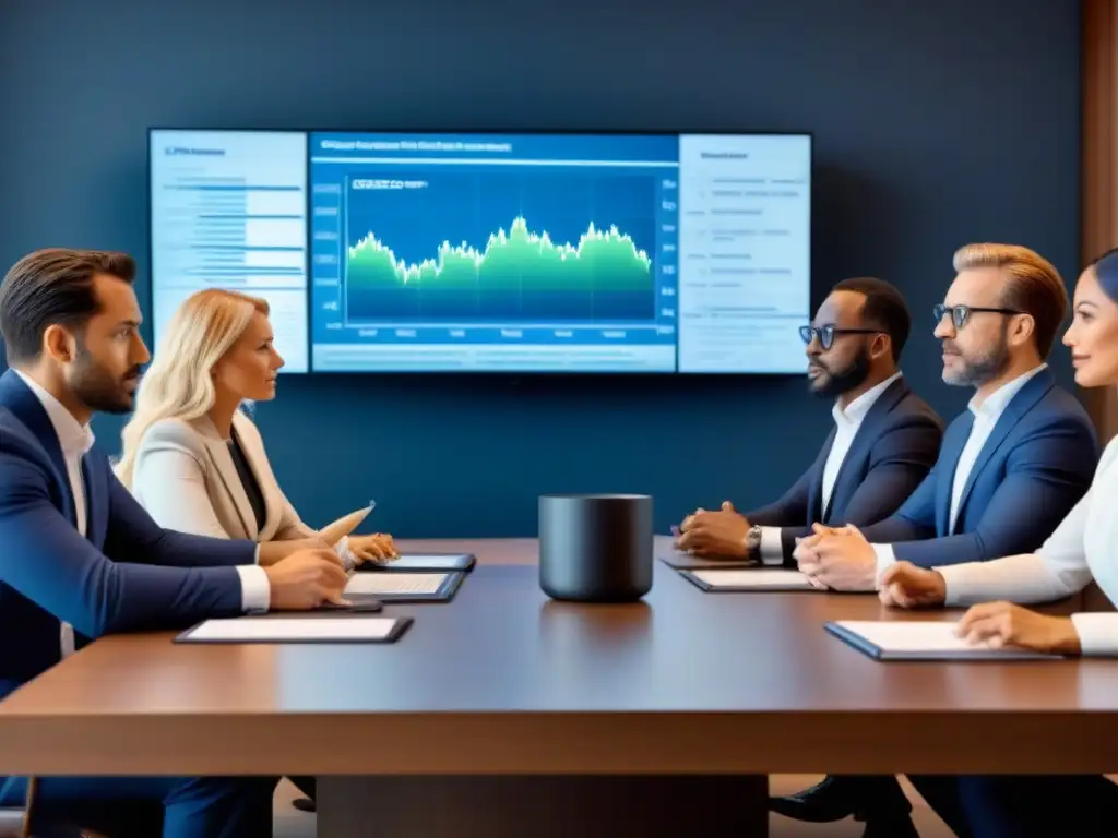 Inversores visionarios en sala de juntas de alta tecnología Inversionistas en restauración histórica colaboran en moderna sala de juntas con pantallas de alta tecnología