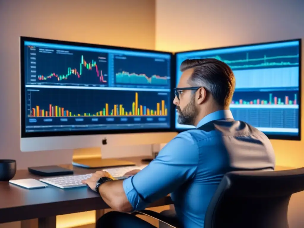 Inversor analizando datos en pantalla de última generación Un inversor profesional interpreta datos en una herramienta de valoración inmobiliaria