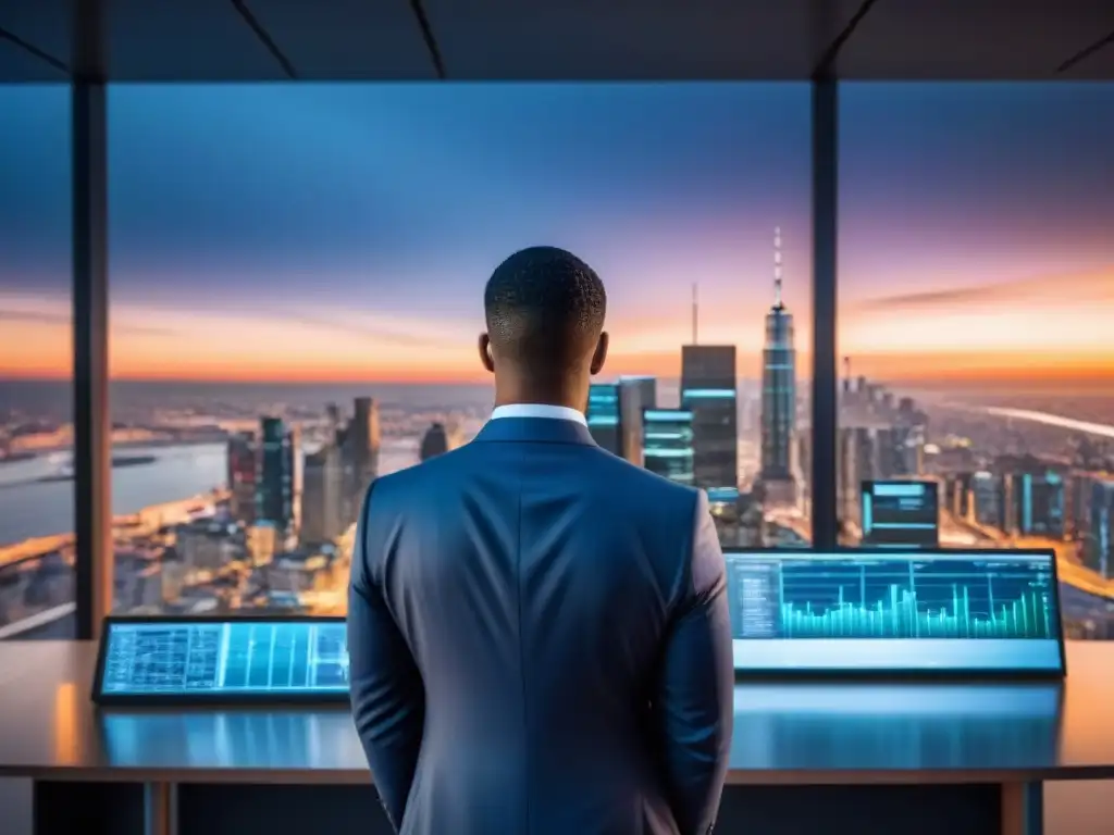 Analista financiero en holograma 8K en oficina futurista Un inversor en traje analiza gráficos financieros en un holograma futurista con vista a la ciudad al atardecer