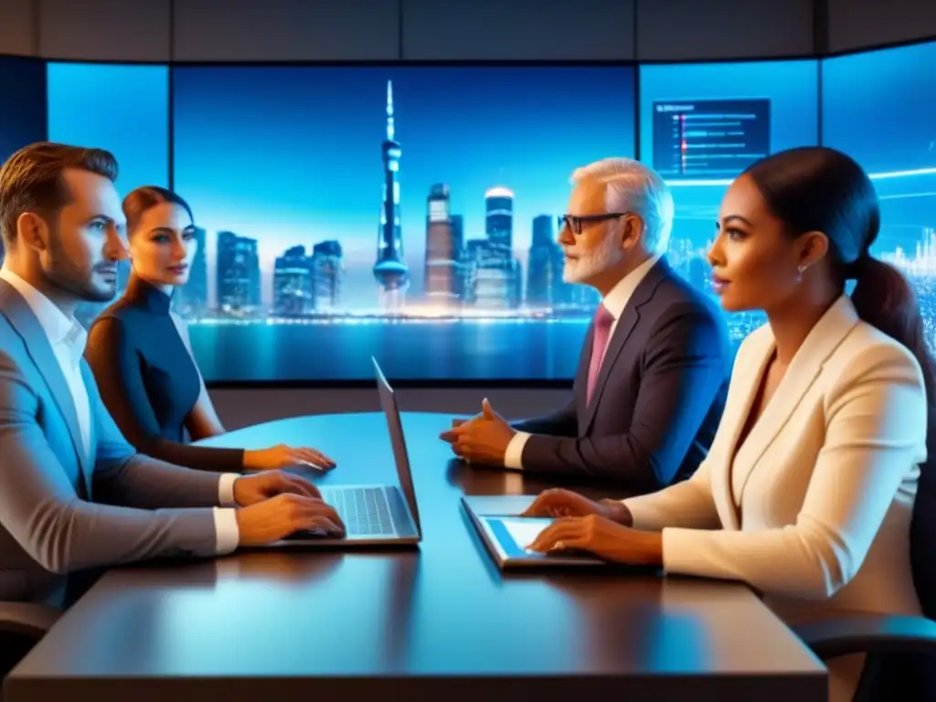Inversores del futuro en reunión virtual estratégica Inversores diversos en reunión virtual con gráficos financieros, en un entorno futurista