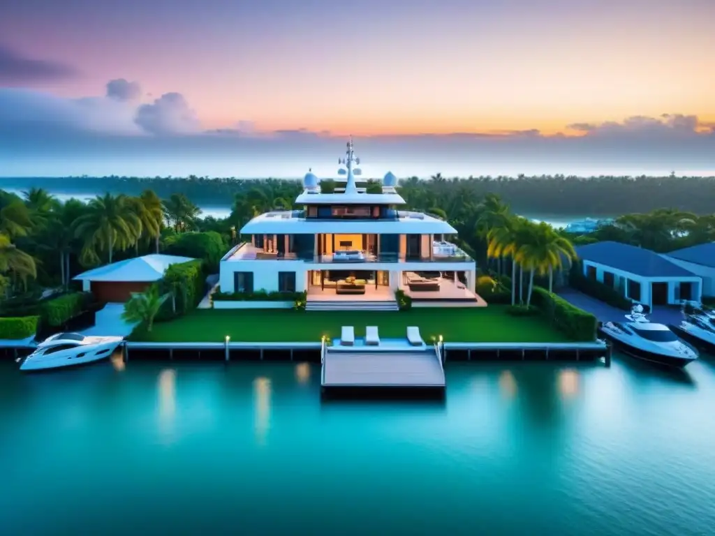 Mansión moderna frente al mar al atardecer Inversores extranjeros mercado inmobiliario: Mansión moderna con muelle privado al atardecer