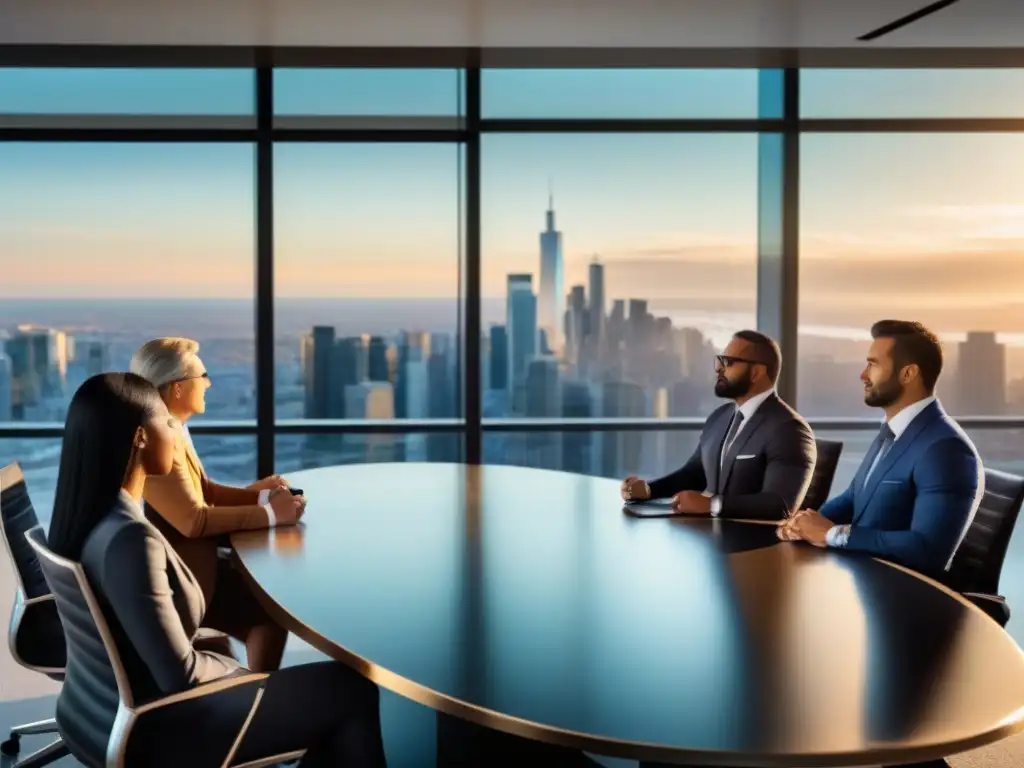 Reunión estratégica de profesionales en moderna sala de juntas Inversores extranjeros mercado inmobiliario: Profesionales en reunión estratégica en lujoso despacho al atardecer