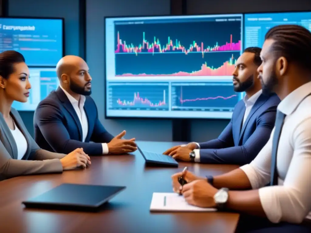 Inversionistas analizan gráficas financieras en sala de juntas futurista Inversores analizando gráficos financieros en una sala de juntas moderna, con tecnología de vanguardia