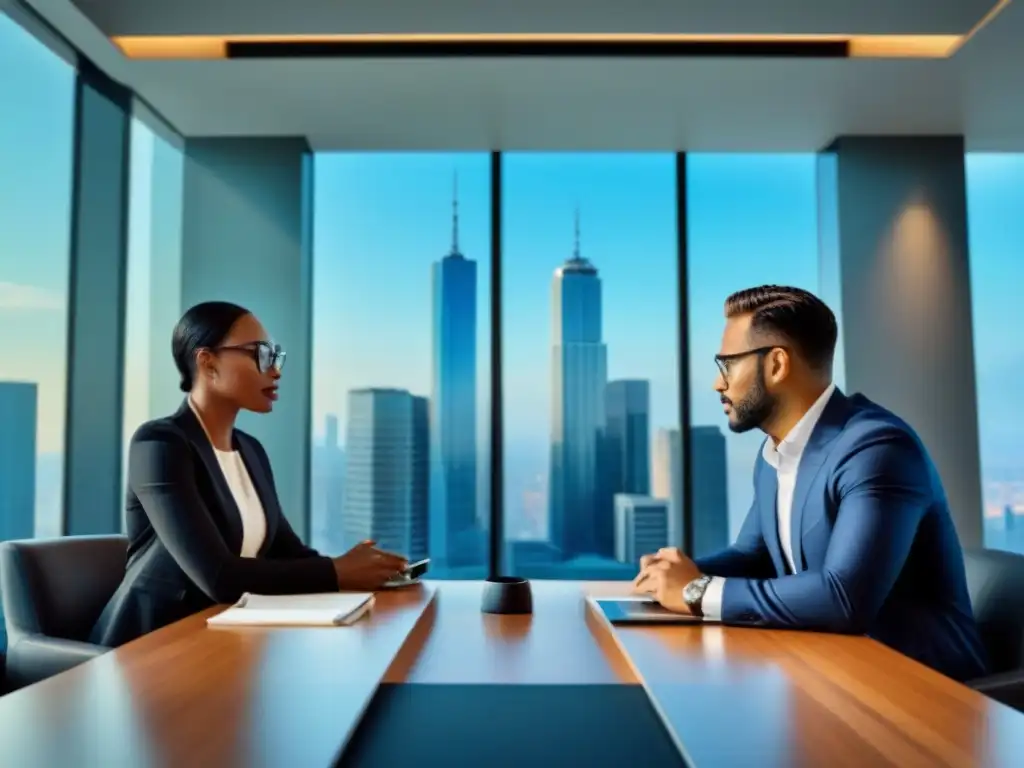 Inversores inmobiliarios analizan estrategias financieras en moderna sala de juntas Inversores inmobiliarios discuten estrategias financieras en sala de juntas
