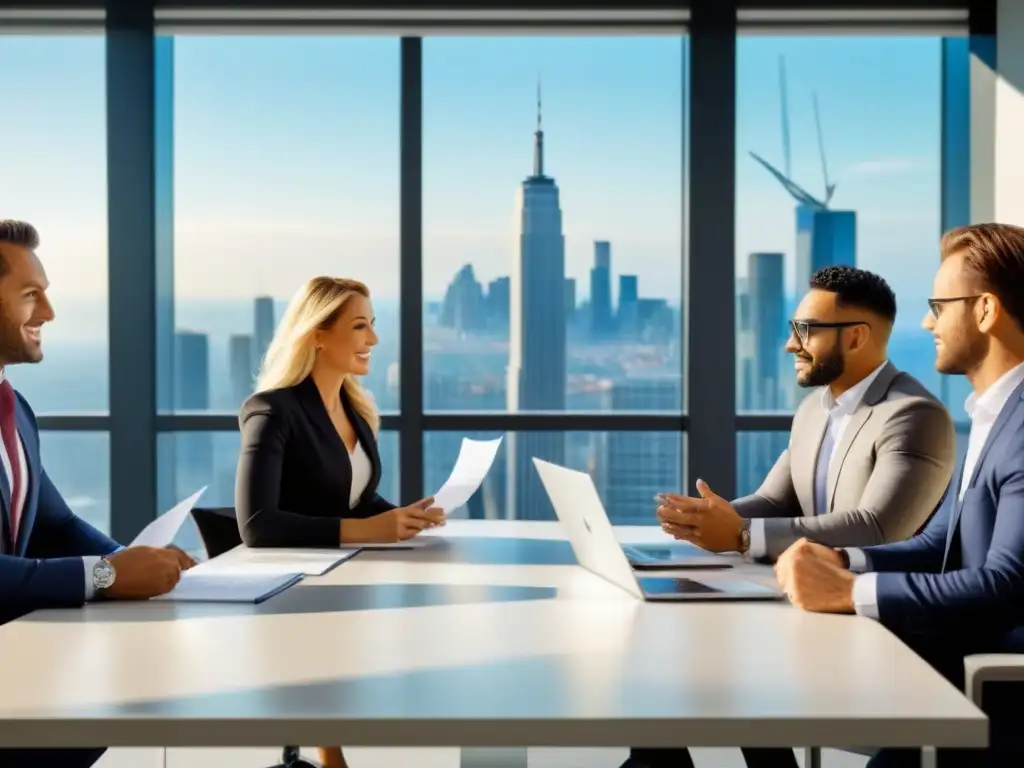 Inversores inmobiliarios: estrategias exitosas en un entorno moderno Inversores inmobiliarios discuten estrategias en oficina moderna con vista a la ciudad